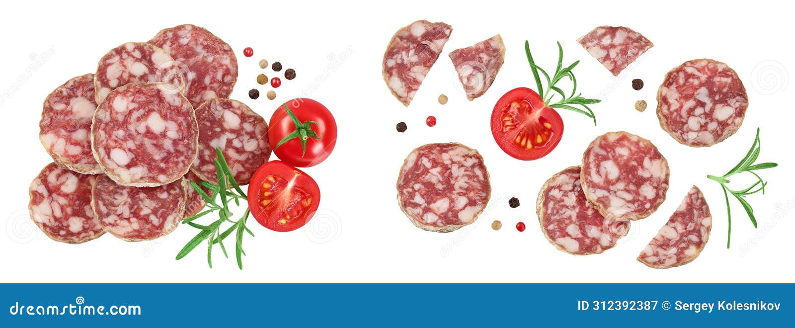 cured salami sausage slices  on white background. italian cuisine with full depth of field. top view. flat lay.