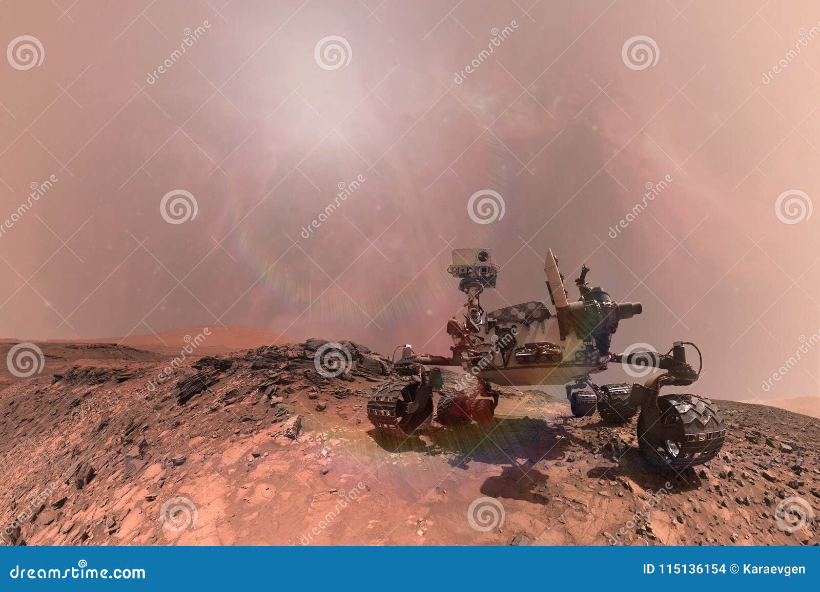 curiosity mars rover exploring the surface of red planet.