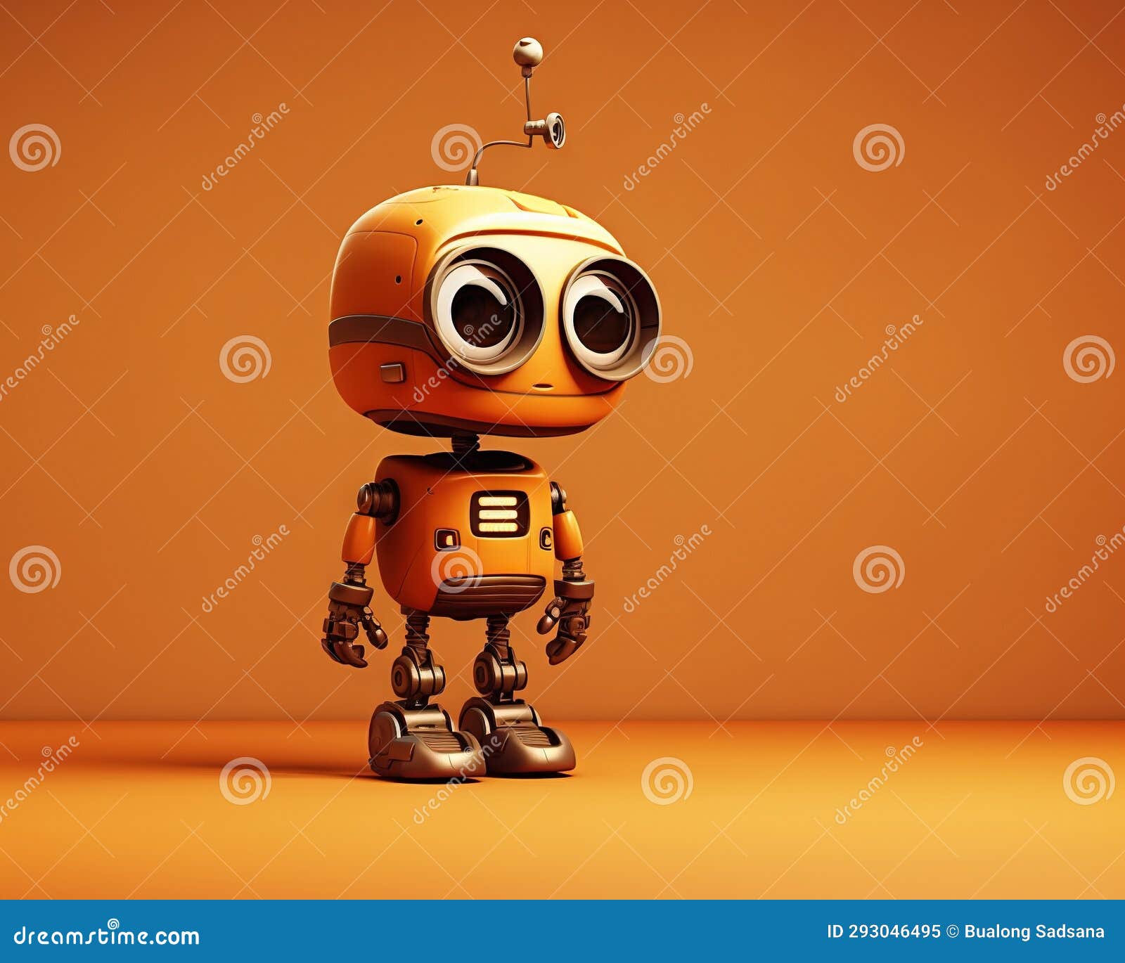 curious and cute little robot is on a warm tone background.