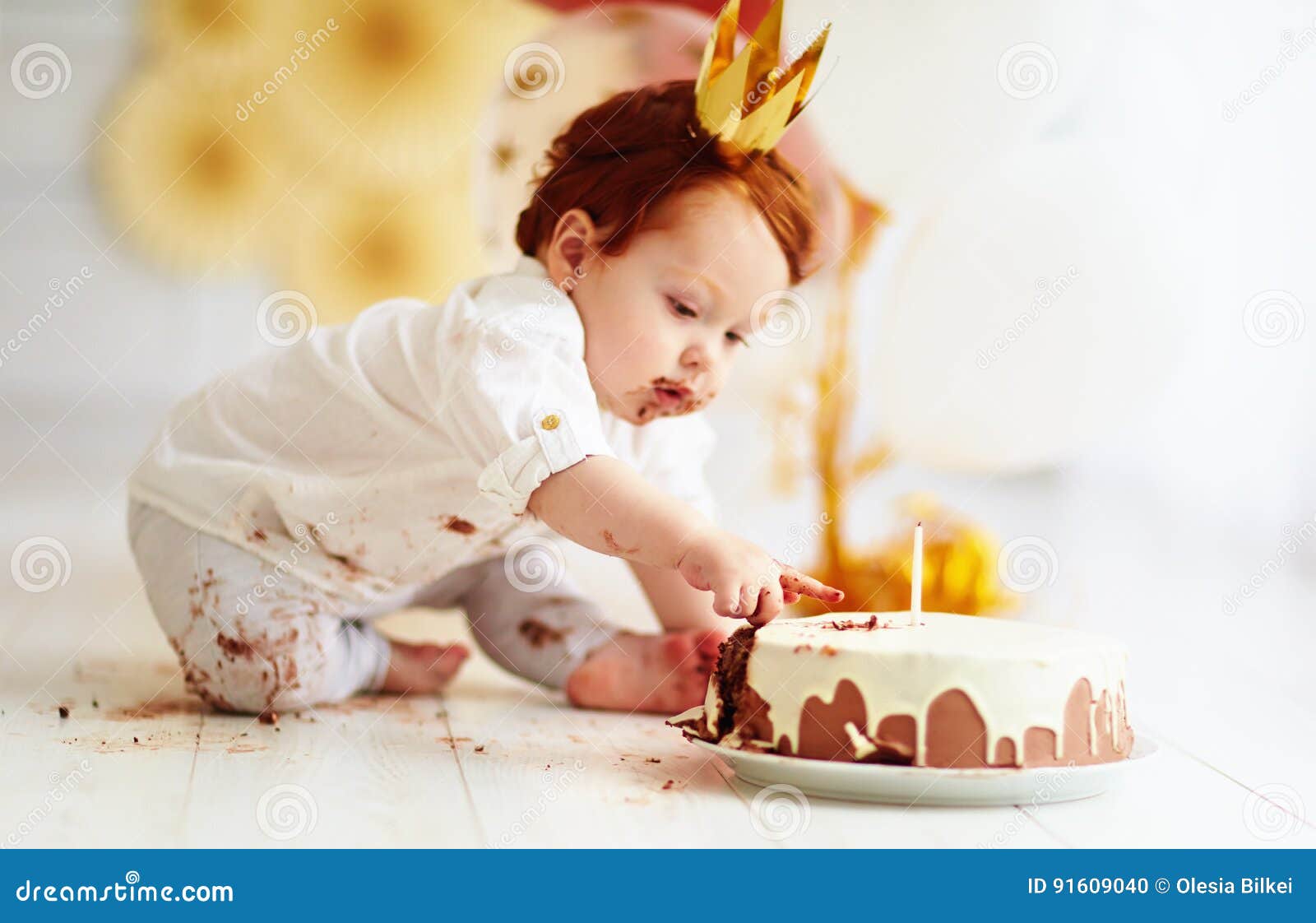 Curious Funny Baby Boy Poking Finger in His First Birthday Cake ...