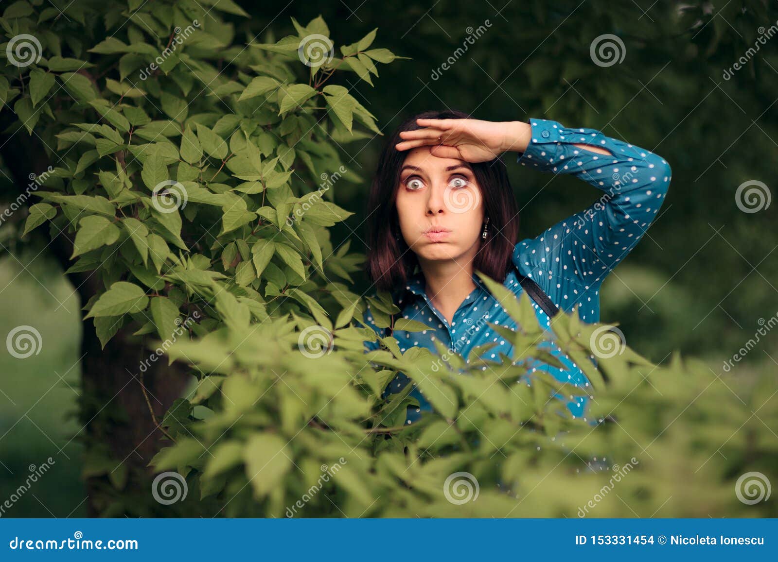 Curious Jealous Woman Spying from Bushes Stock Photo - Image of ...