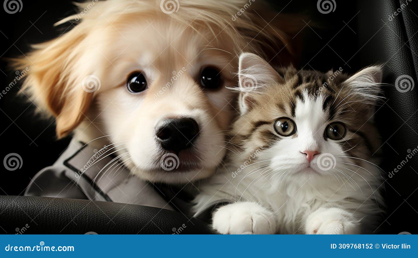 curious kitten and playful puppy staring eagerly into the camera lens, adorable friends