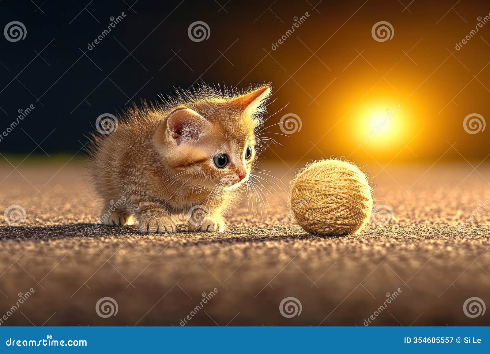 curious kitten playing with yarn ball, tail curled up
