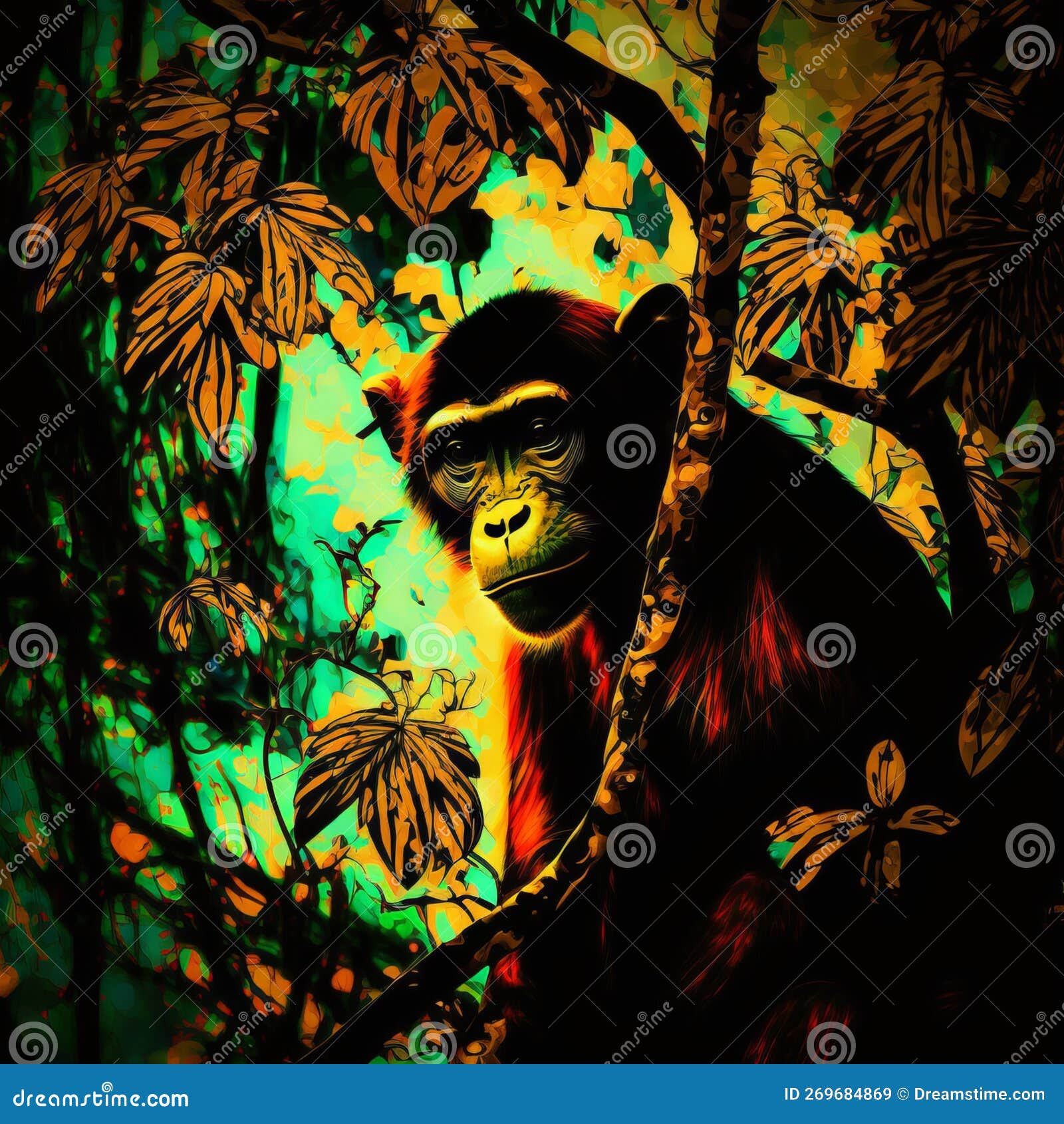 Curious Monkey in Surreal Abstract Jungle (generative AI) Stock