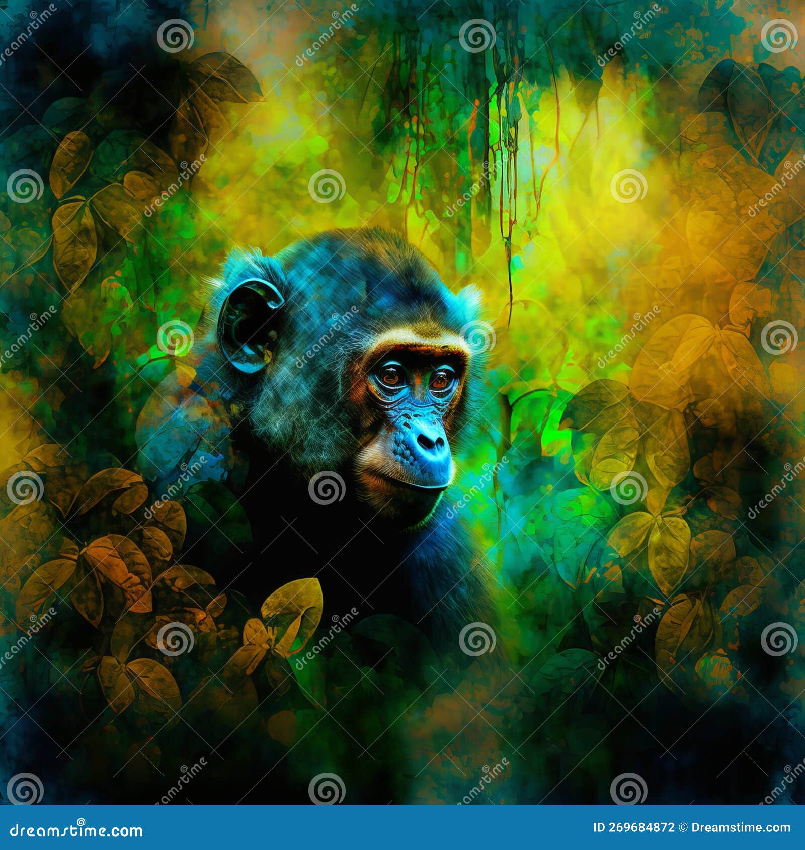 Curious Monkey in Surreal Abstract Jungle (generative AI) Stock