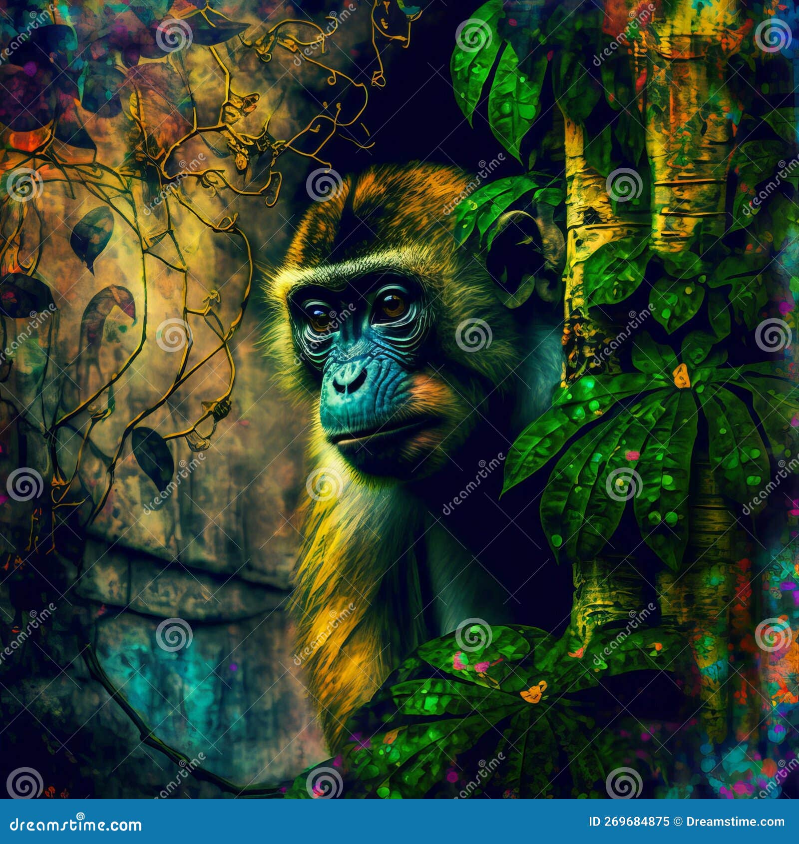 Curious Monkey in Surreal Abstract Jungle (generative AI) Stock