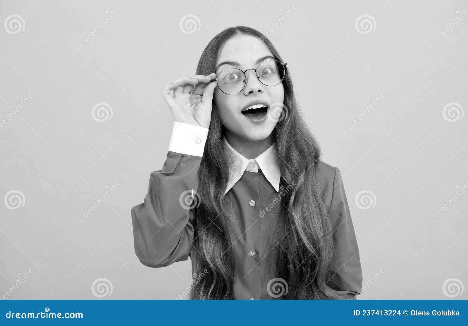 Curious School Age Girl Child Look through Eyeglasses Yellow Background ...