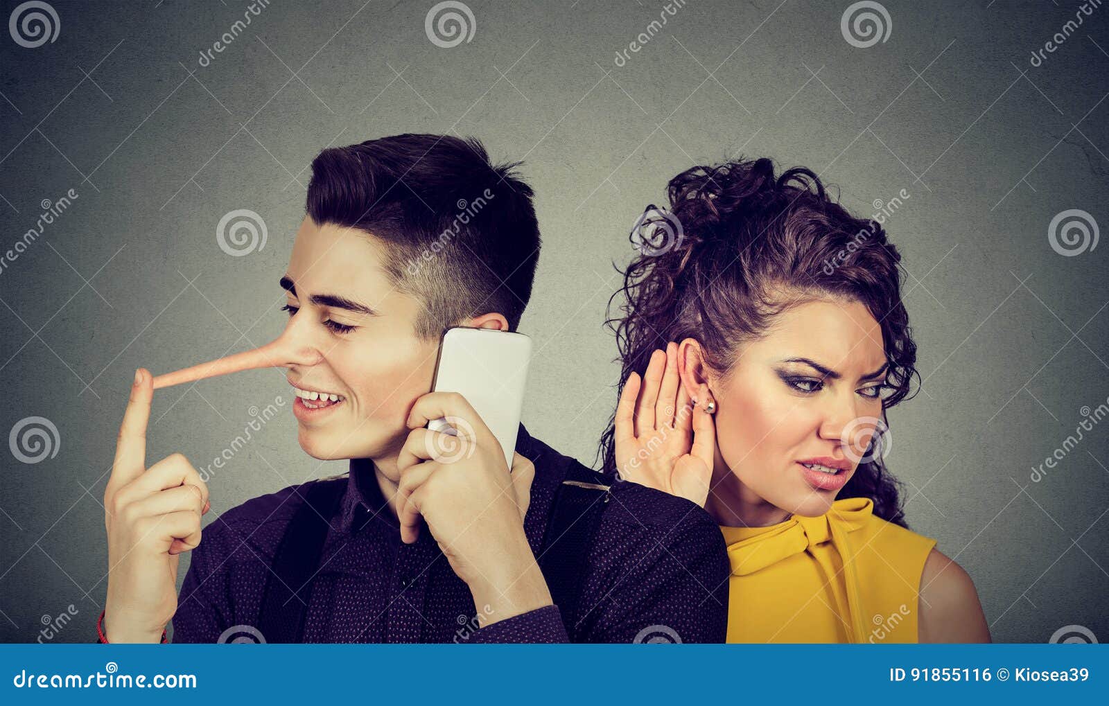 curious worried woman secretly listening to a happy man liar talking on mobile phone with his lover