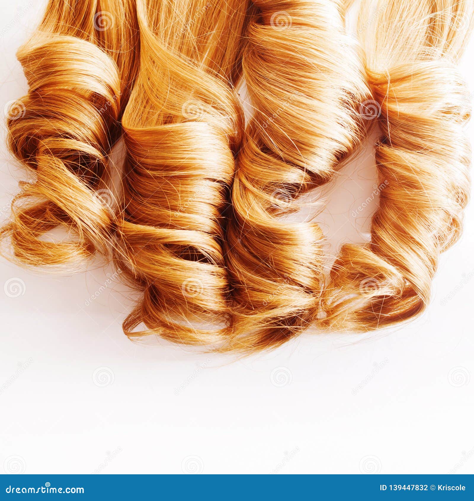 curls curled on the curling iron,  on white background. strand of light or red hair, hair care