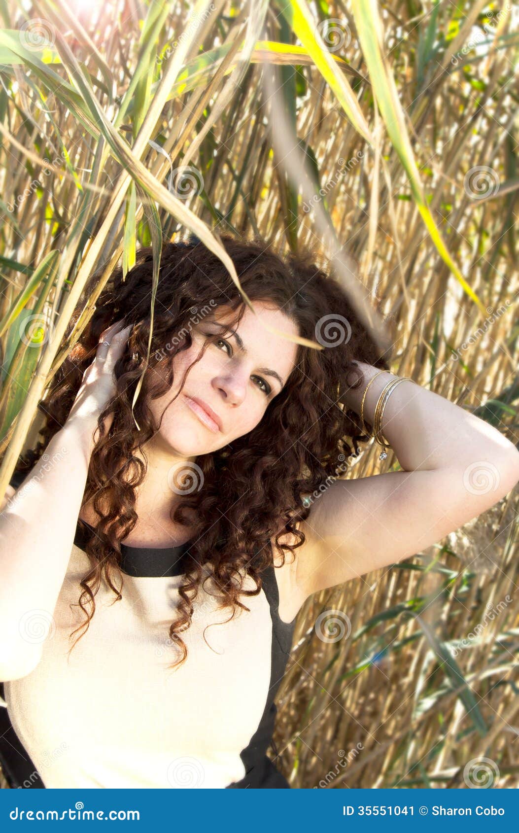 Curly Hair, Brunette Female Model in Tall Grass Stock Image - Image of  pretty, clothes: 35551041