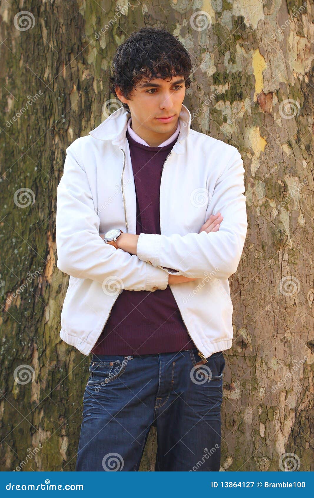 Curly Haired Young Adult Man in White, with a Tree Stock Image - Image ...