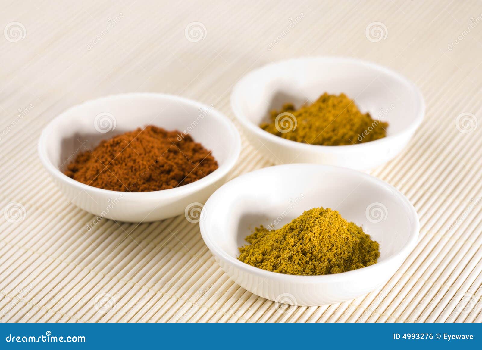 Curry, Cayenne Pepper and Turmeric in White Bowls Stock Photo Image