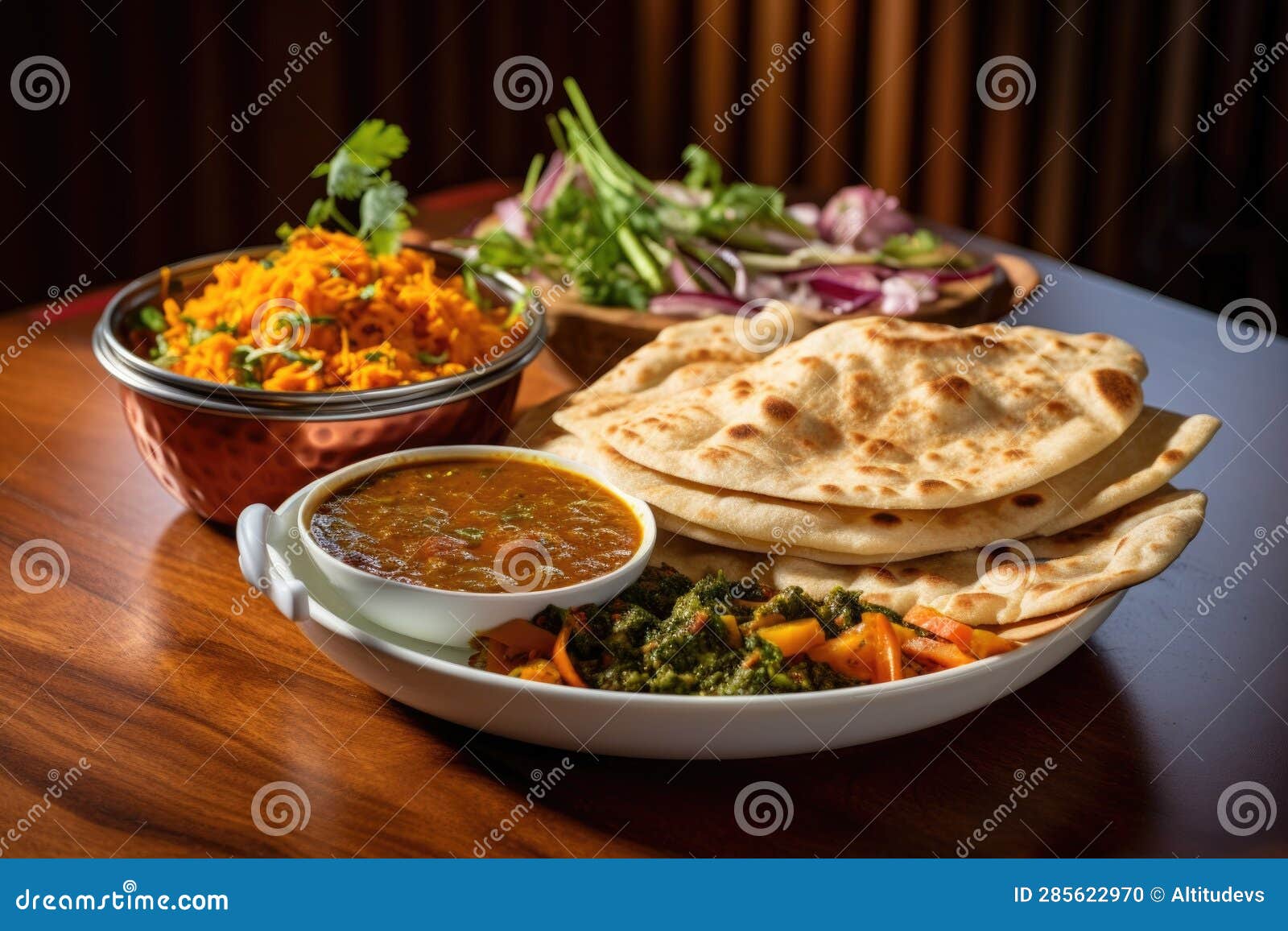 Curry Dish with Naan Bread and Side of Chutney Stock Illustration