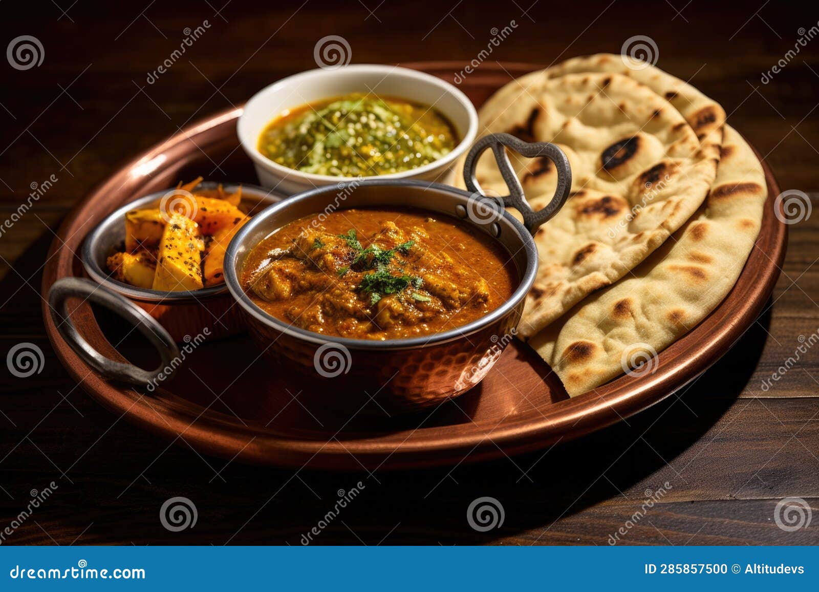 Curry Dish with Naan Bread and Side of Chutney Stock Photo Image of