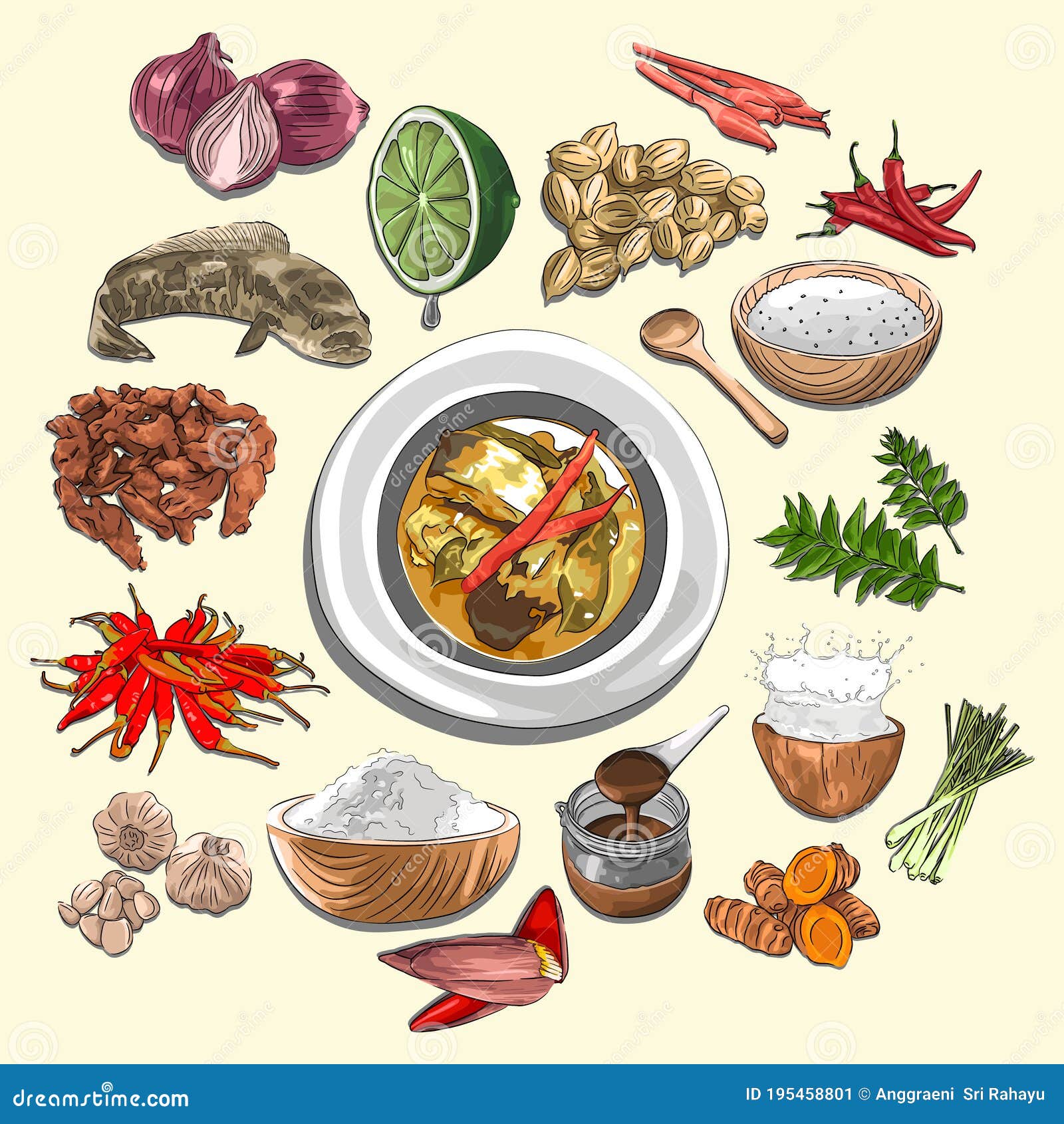 curry eungkot paya  & ingredients, indonesian food from aceh, sketch combine  style