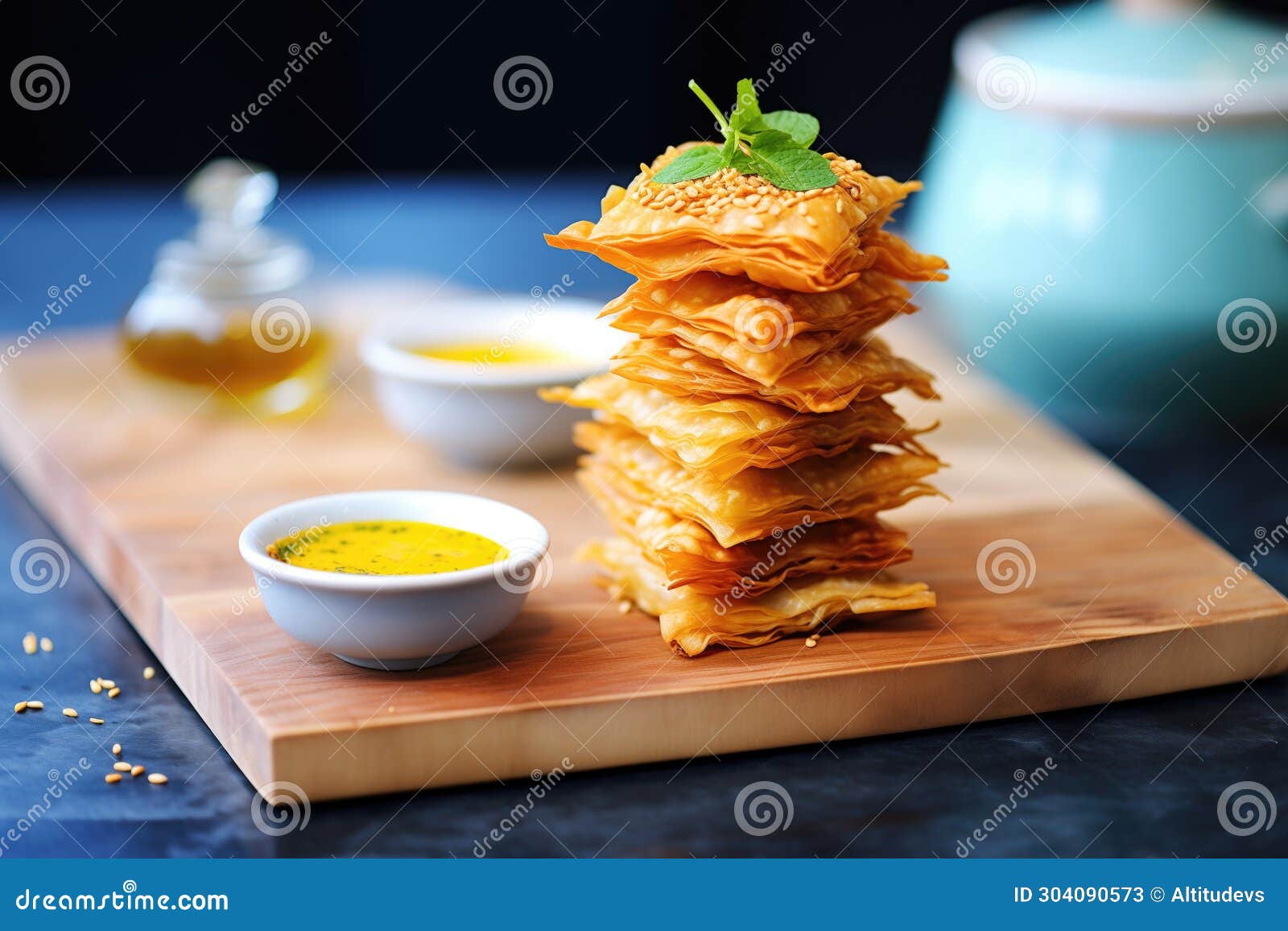Curry Puff Pastries Stack with Dipping Sauce Stock Image Image of