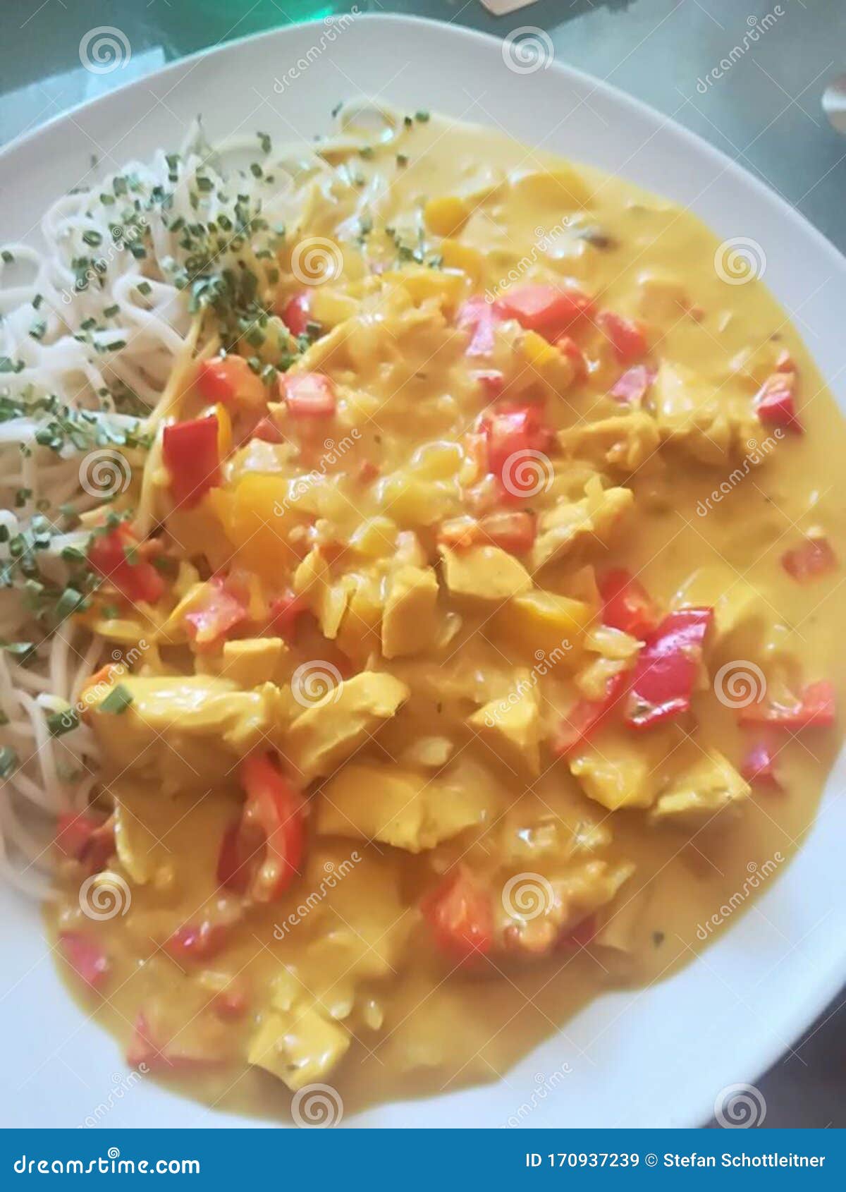 Currysauce with Rice and Chicken Stripes Stock Image Image of