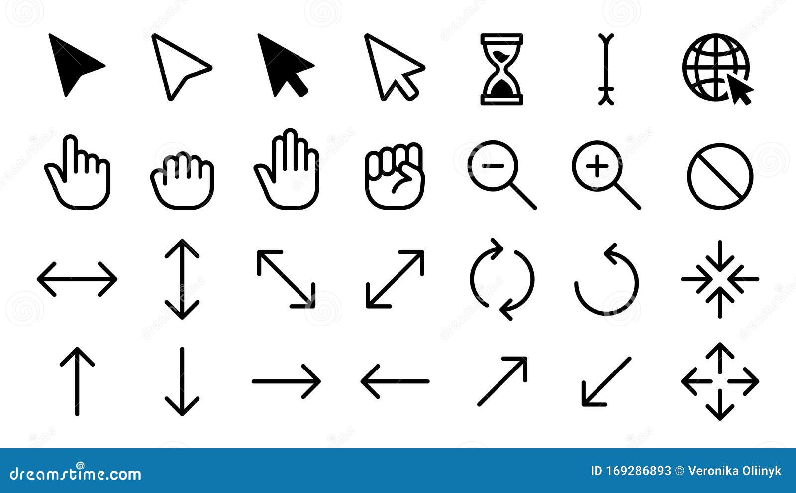 cursor icons. web internet scale arrow clicking computer pointer, hand mouse cursors. static and dynamic click cursor