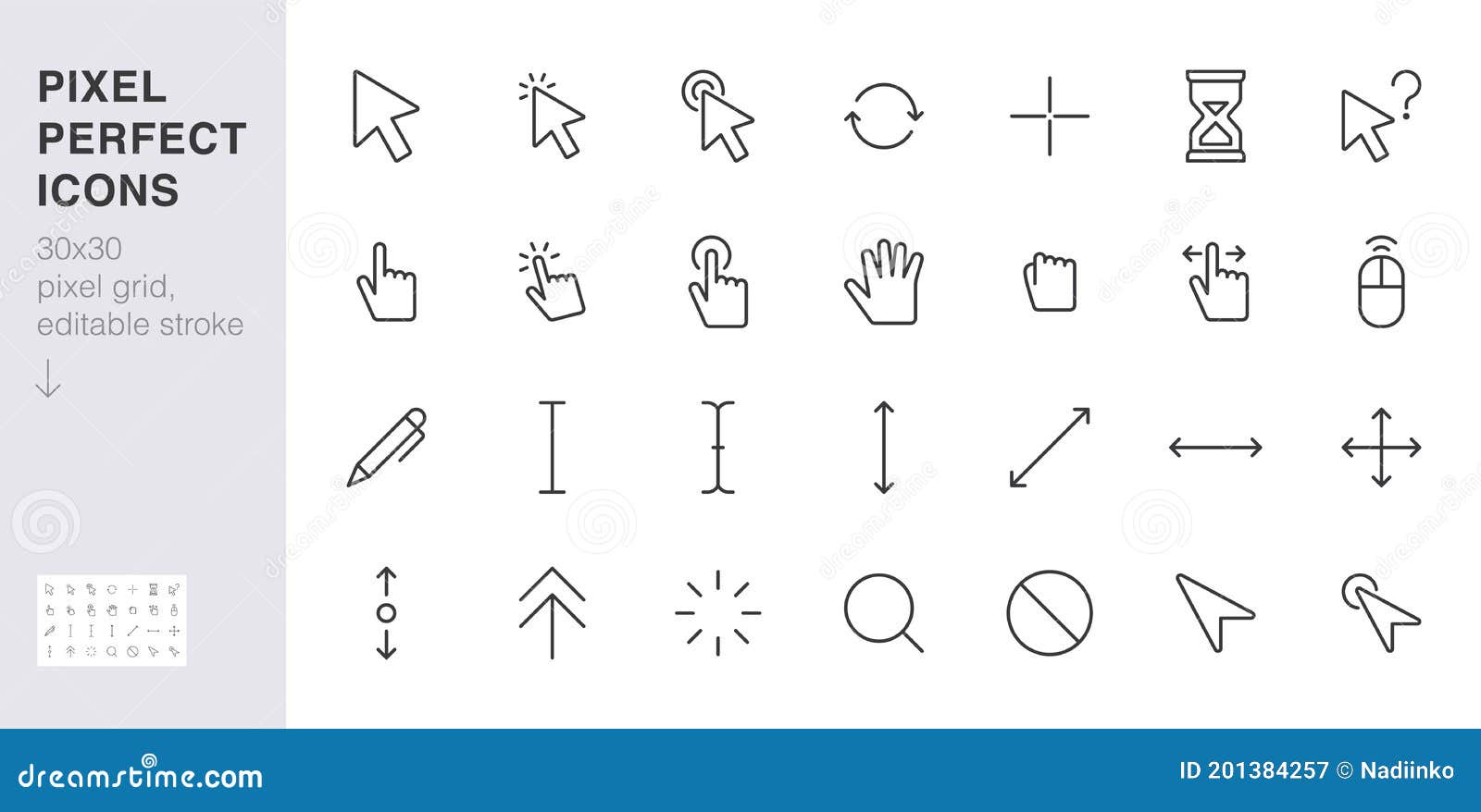 cursor line icon set. mouse click, hand tap, arrow pointer, type here, scroll, hourglass, finger minimal 