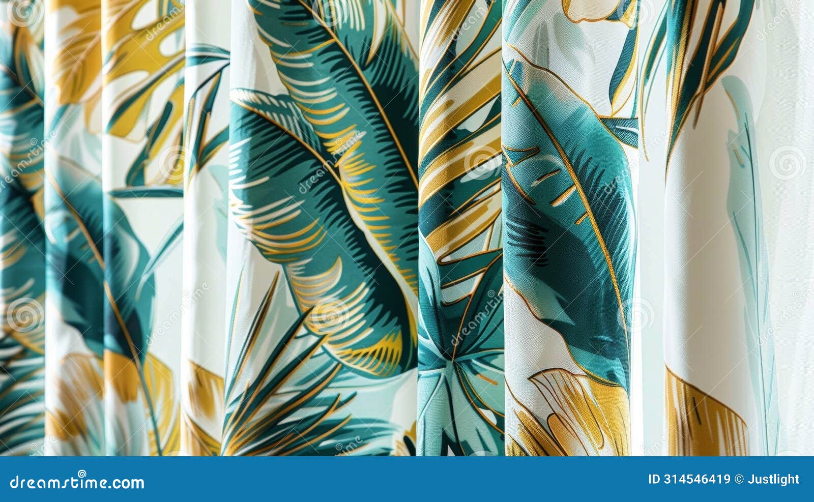 the curtains are made of a lightweight fabric with a largescale print of tropical flowers and giant palm leaves in