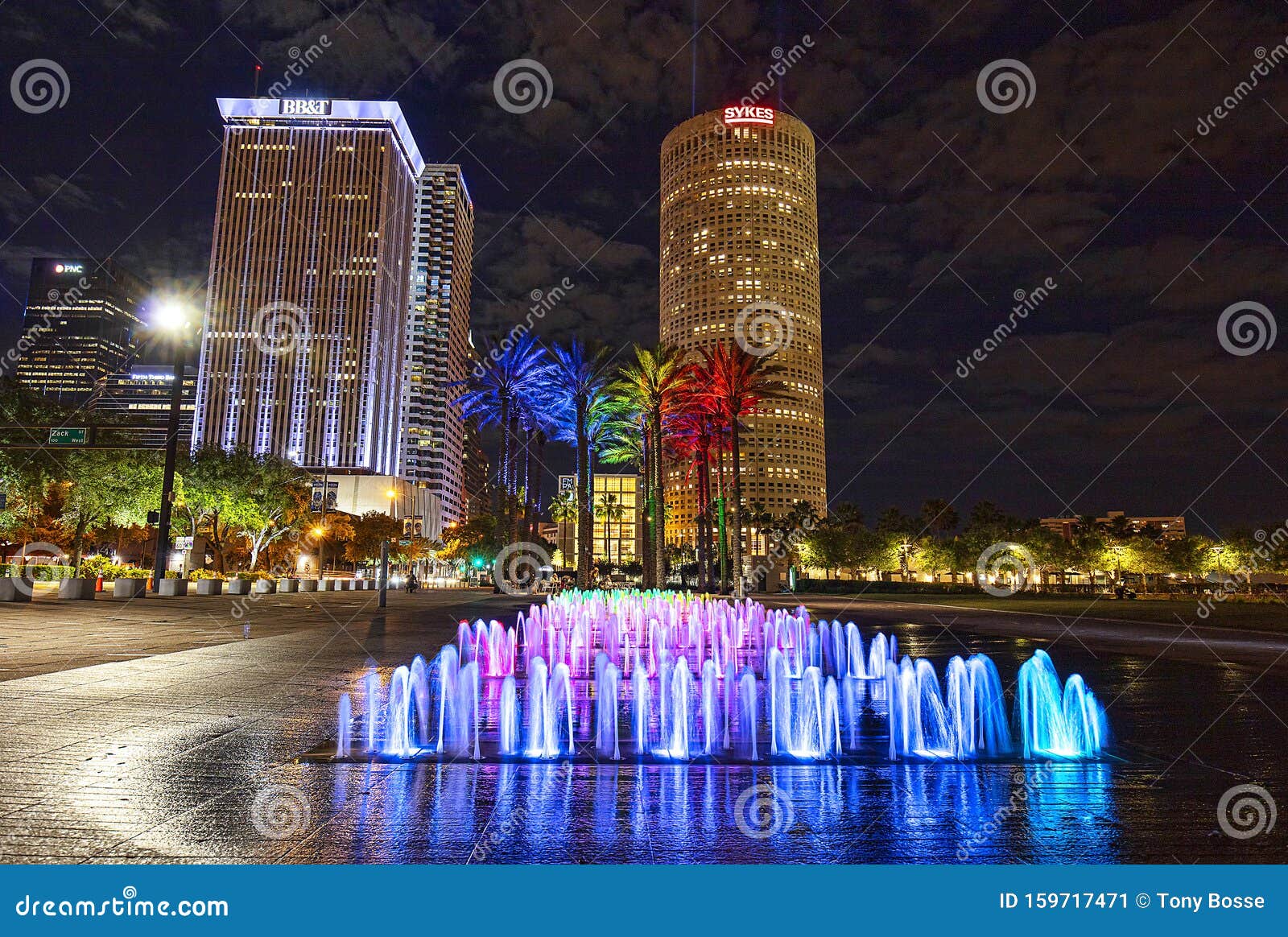 Curtis Hixon Park at Night, with Water Feater Illuminated Editorial