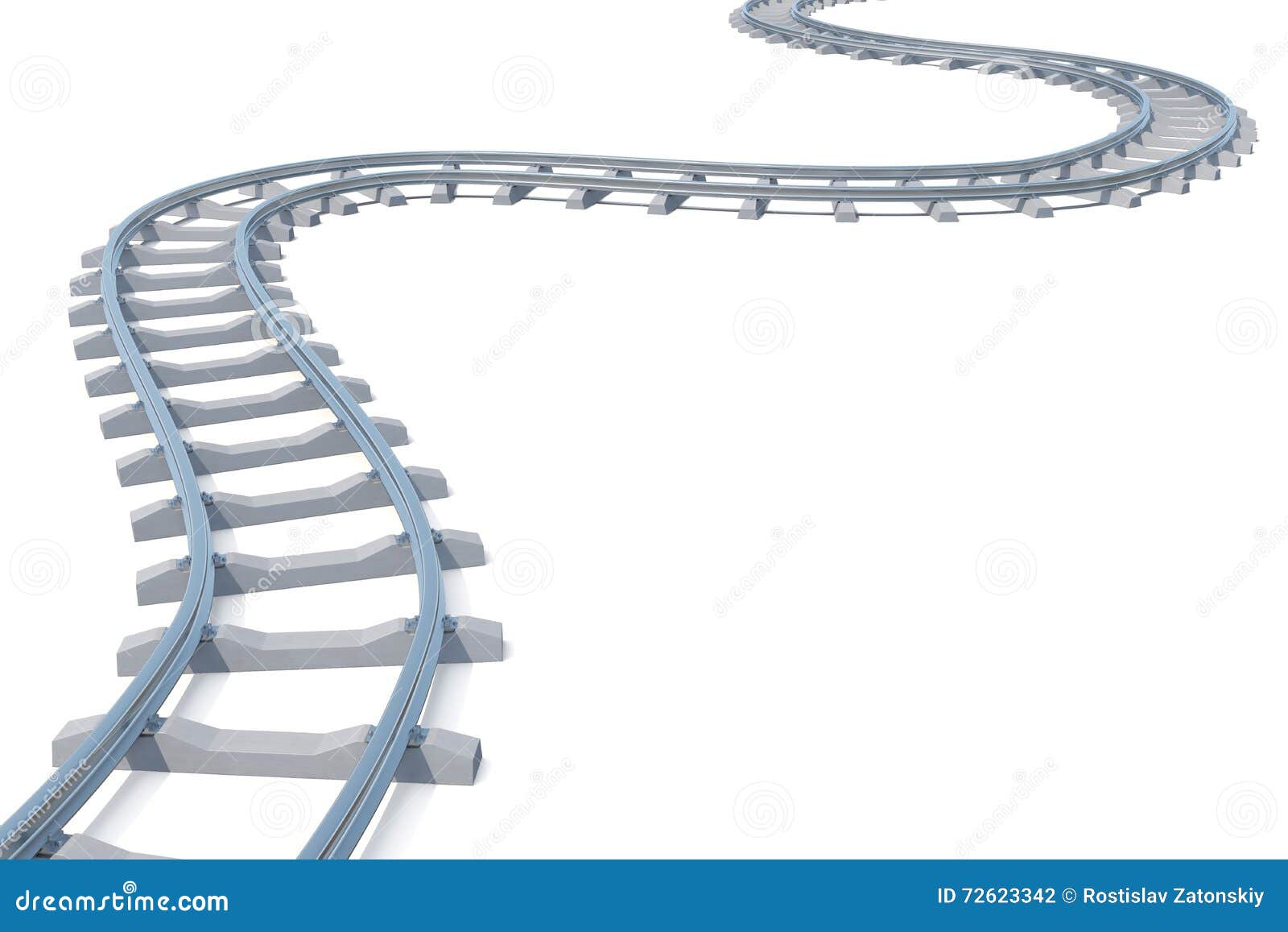 Curved, Bend Railroad Track Isolated on White Background. 3d