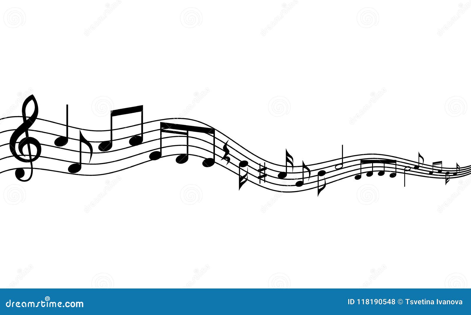 curved music staff and notes background. waving musical staff and notes background.