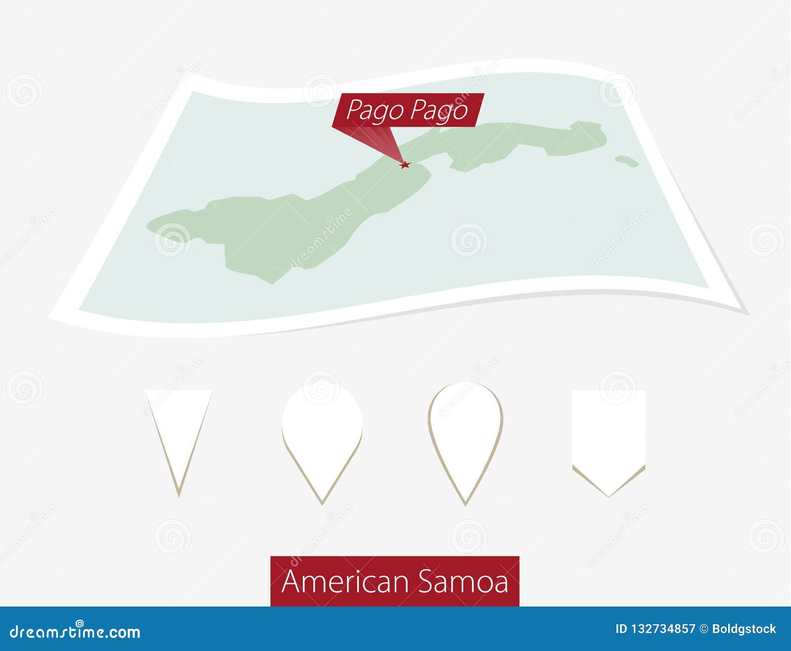 curved paper map of american samoa with capital pago pago on gray background. four different map pin set.