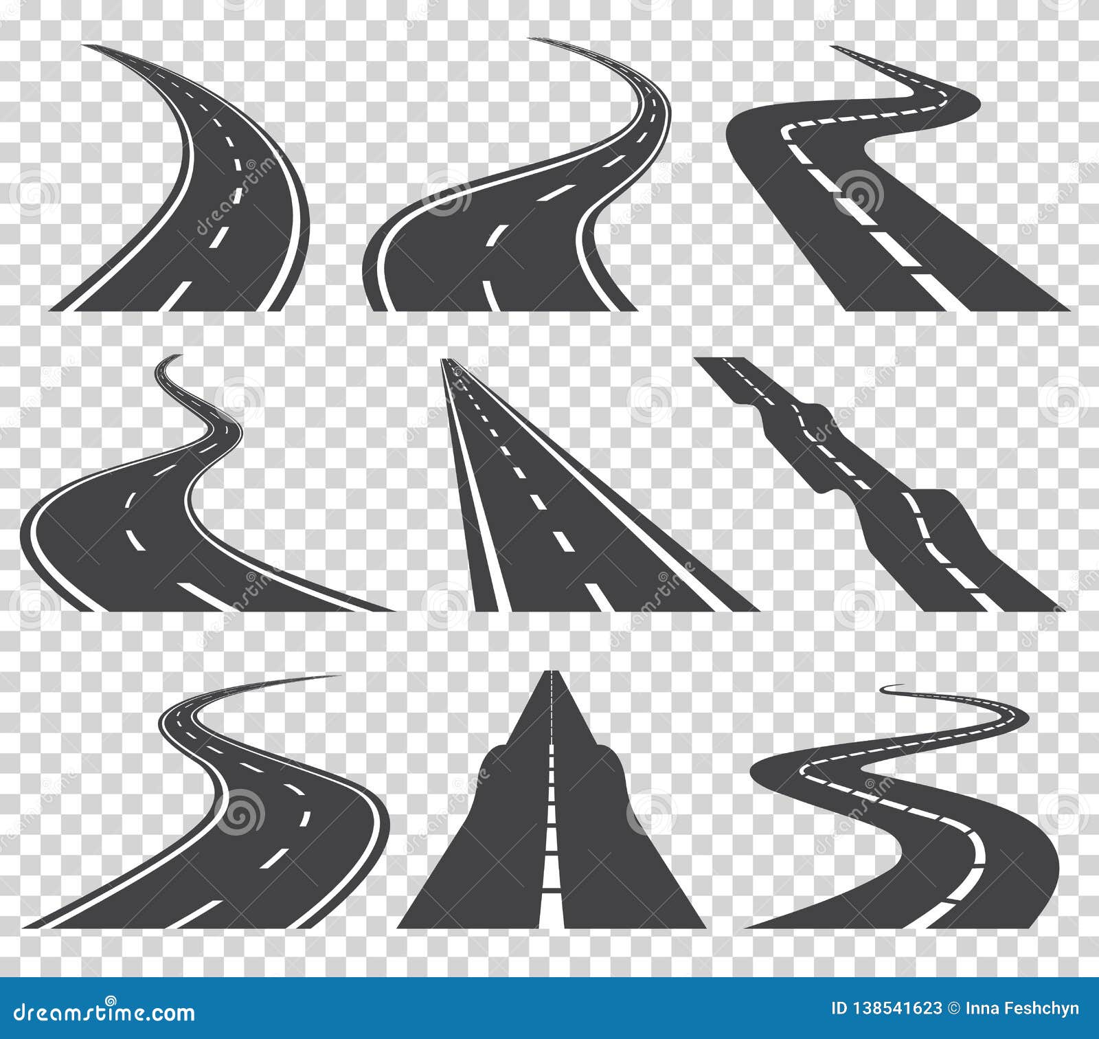 curved roads  set. asphalt road or way and curve road highway. winding curved road or highway with markings.