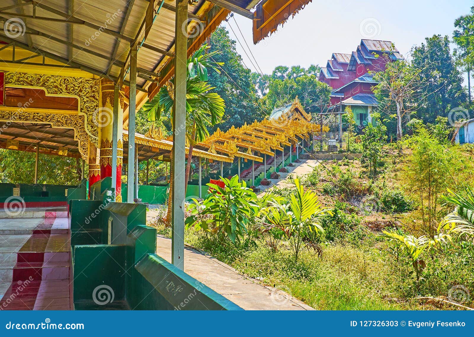 the stairway of ngar htat gyi buddha temple, yangon, myanmar