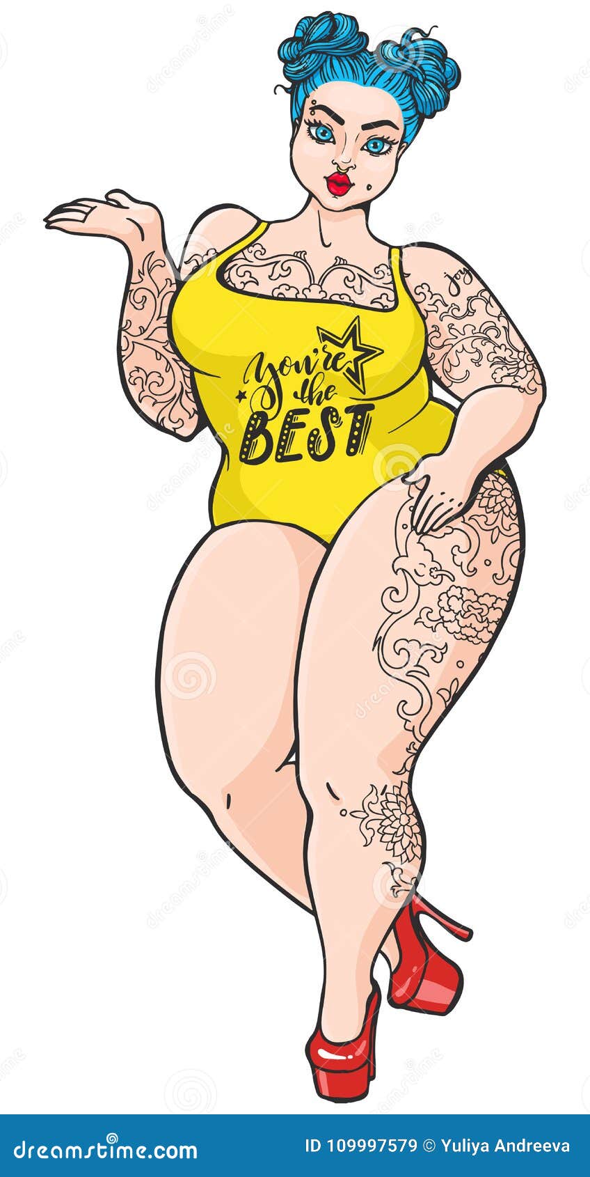 Curvy Plump Cartoon Girl in Pop Art Style. Vector Isolated Plus Size Woman with Tattoos and Blue Hair Stock Illustration - Illustration of fashion, form: 109997579