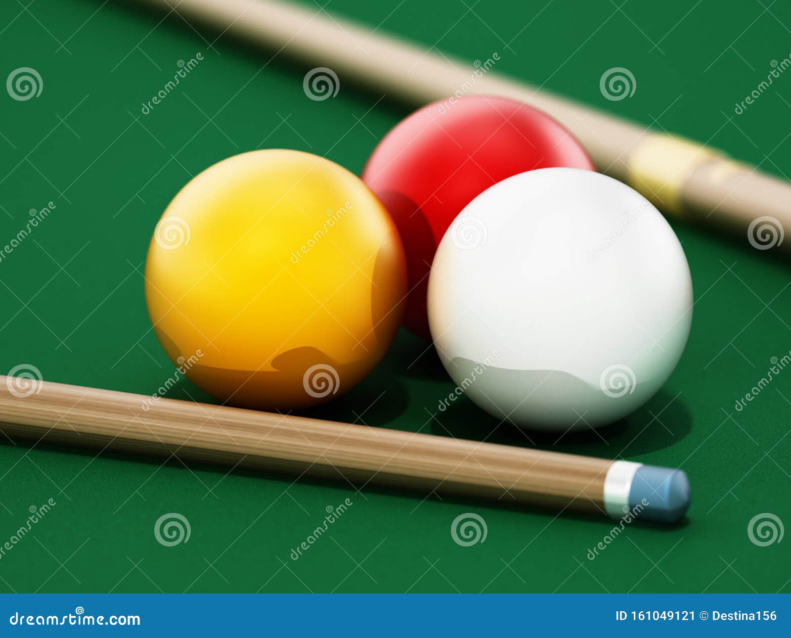 3 Cushion Billiards Table and Balls with Pool Cue. 3D Illustration