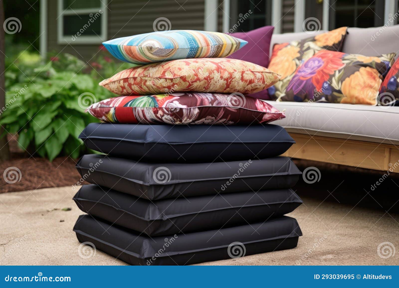 Cushions Stacked in a Waterproof Outdoor Storage Container Stock Image