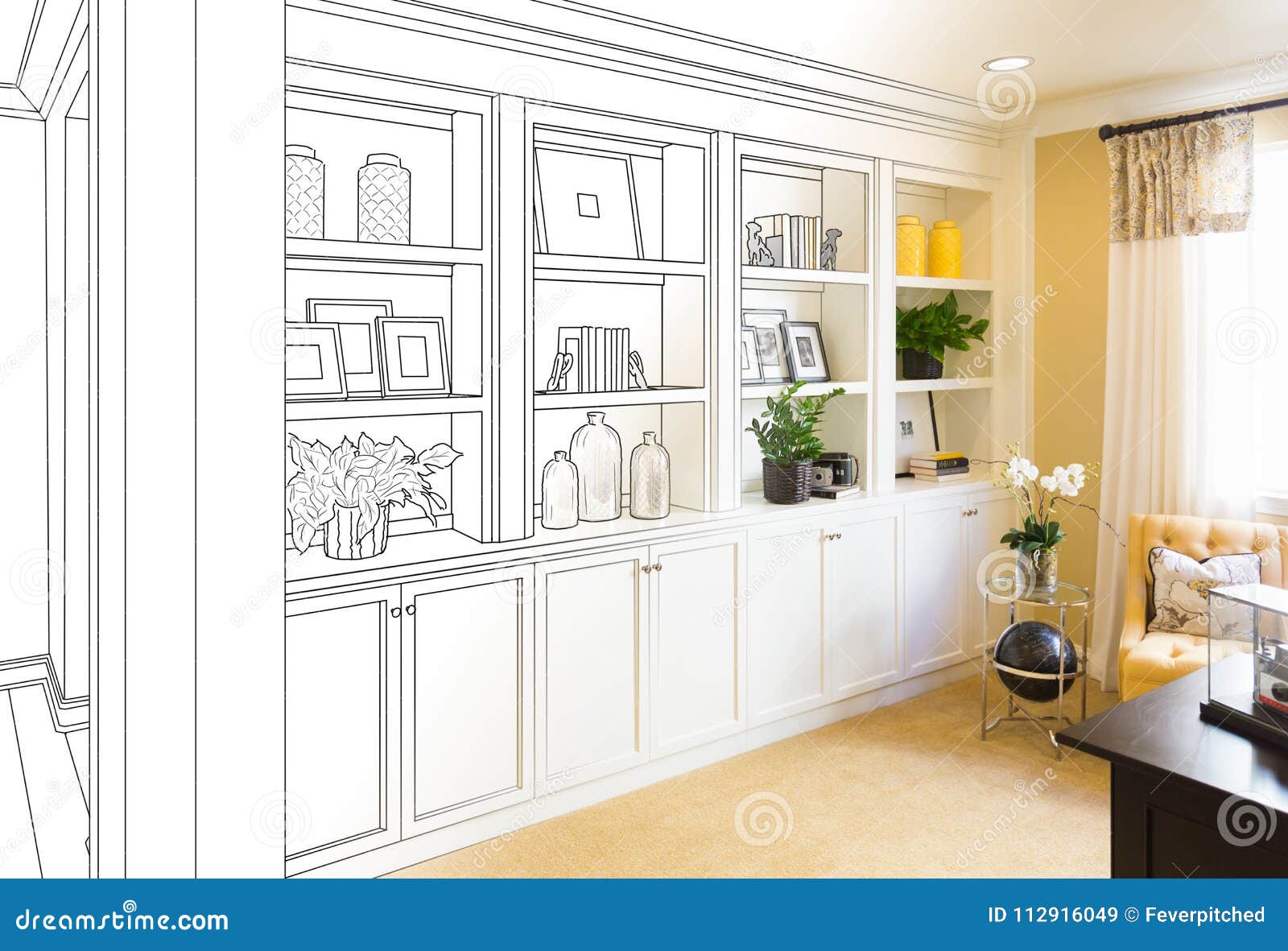 custom built-in shelves and cabinets  drawing gradating