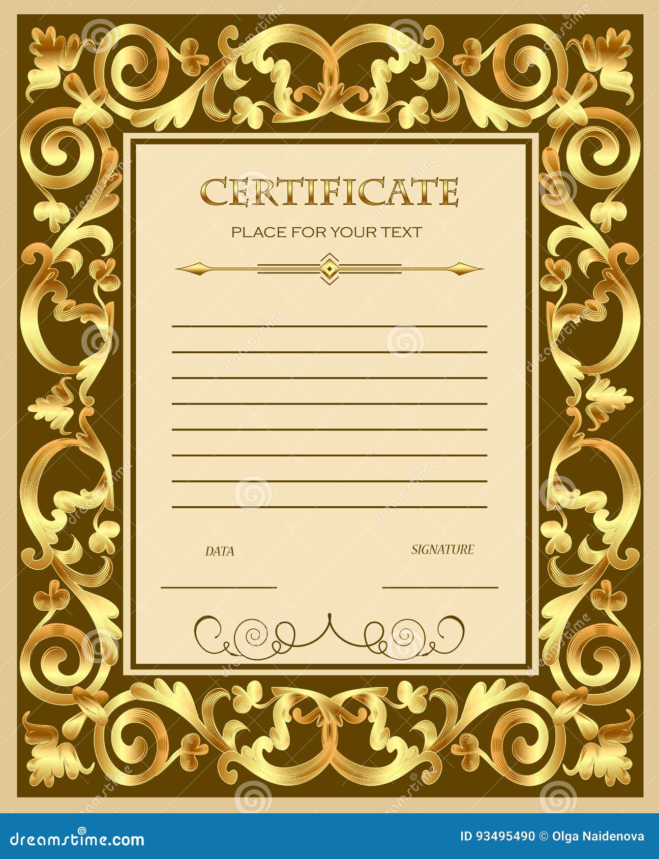 Custom Certificate Template with Gold Ornament Stock Vector