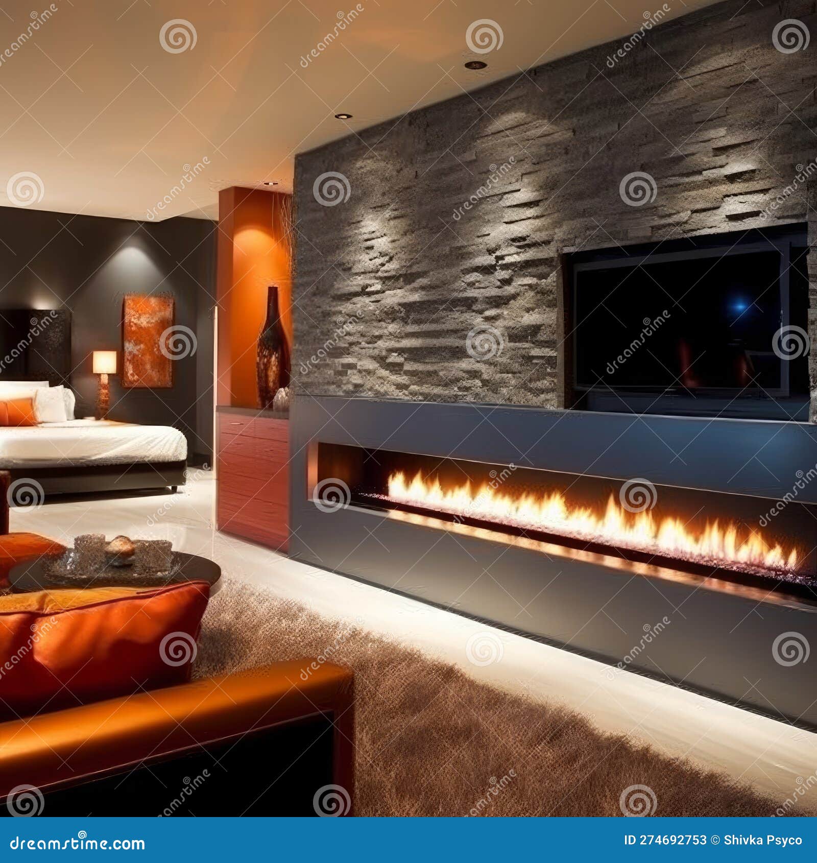 A Custom Fireplace Wall of Modern House Generative AI Stock