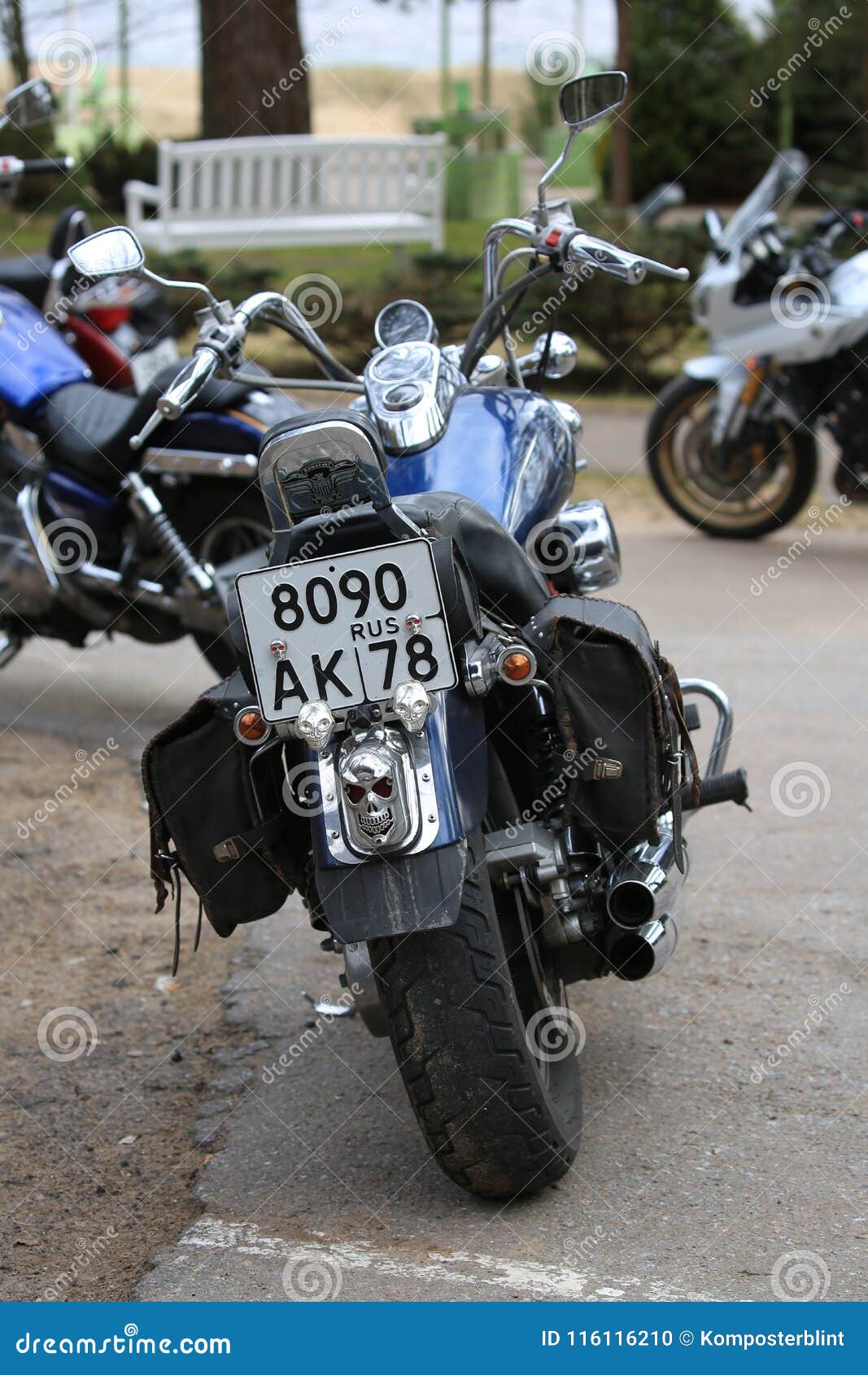 Custom Motorcycle Kawasaki VN 1500 Blue Outdoors on a Cloudy Day. Back View Image - Image of brake, cloudy: 116116210