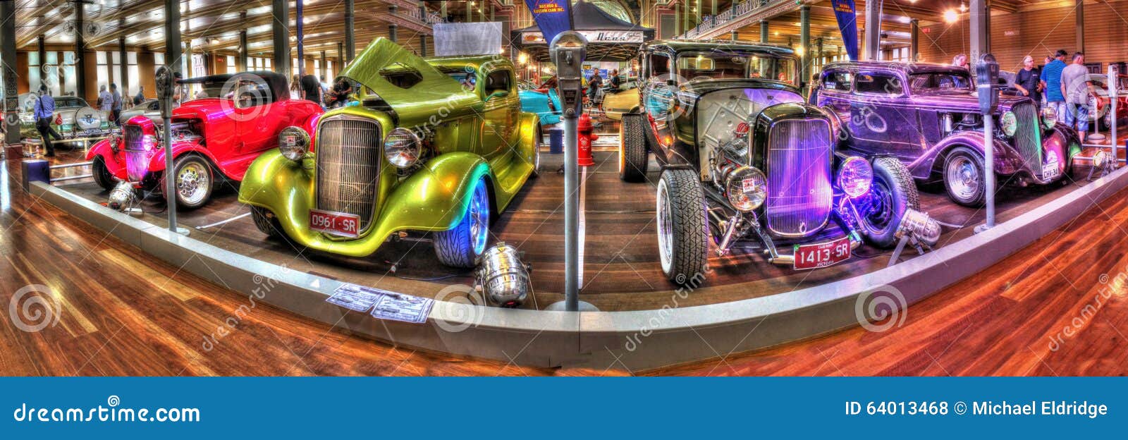 Custom painted hot rods on display at car show at the Royal Exhibition Building in Melbourne Australia