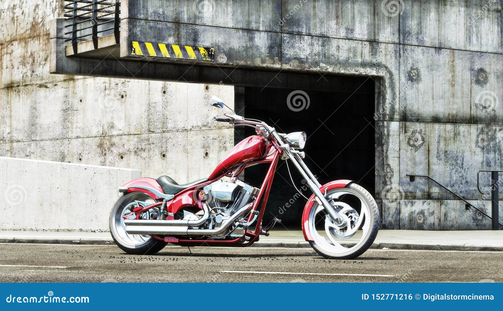 Custom Red Motorcycle With An Industrial Grunge Background. Stock