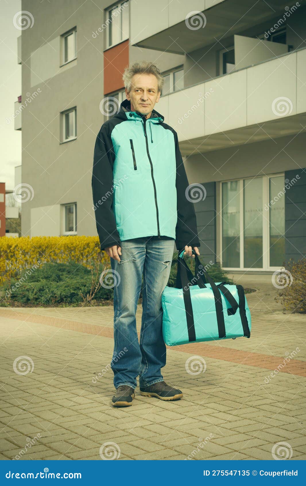 Customer Assuming a Pizza Food from a Delivery Man on Sidewalk Stock