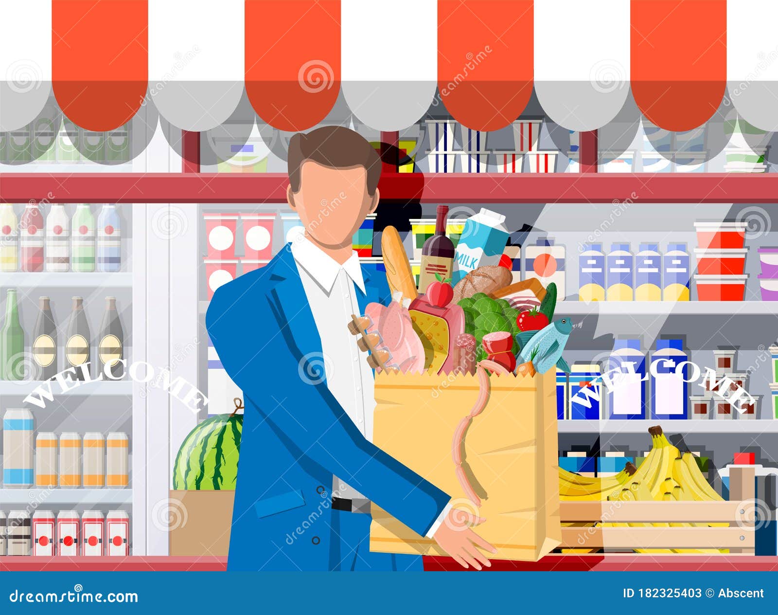 Customer with Bag Full of Food. Stock Vector - Illustration of customer, interior: 182325403 Customer with Bag Full of Food. Stock Vector - Illustration of customer, interior: 182325403