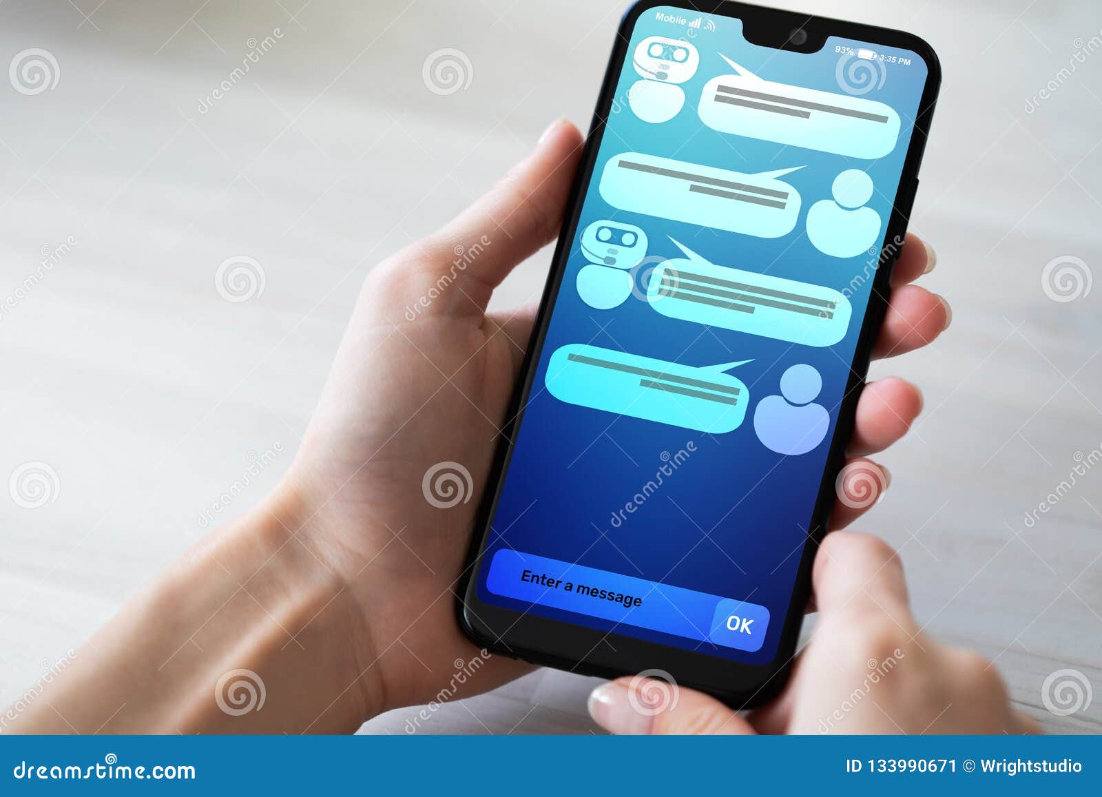 customer and chatbot dialog on smartphone screen. ai. artificial intelligence and service automation technology concept.