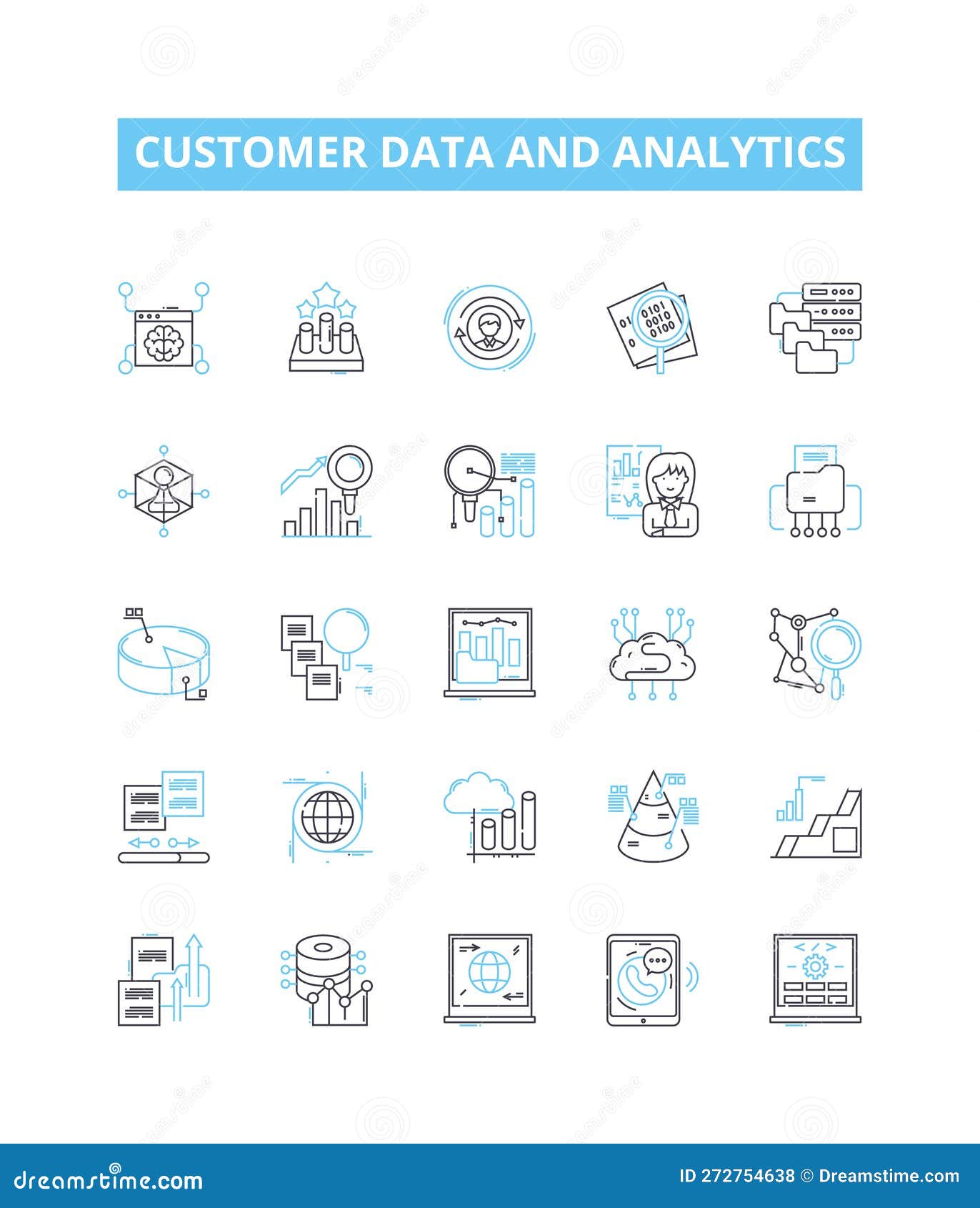 customer data and analytics  line icons set. customer, data, analytics, insights, profiling, segmentation