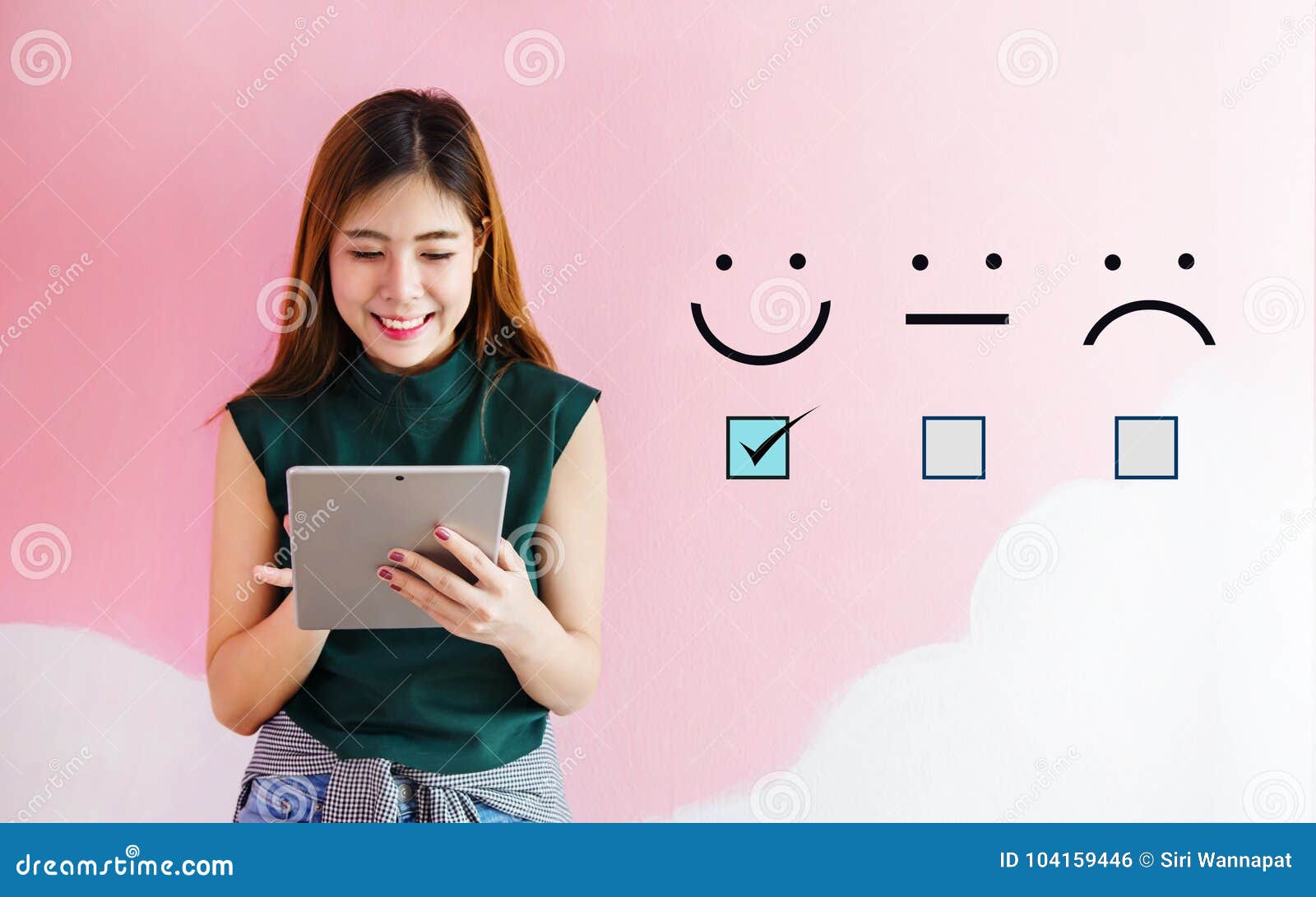 customer experience concept, happy client woman holding digital