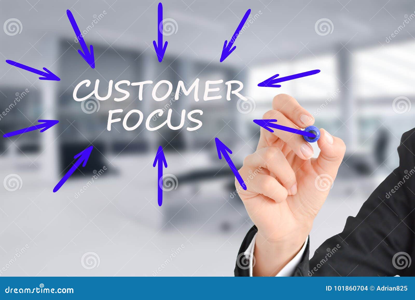 customer focus concept with businesswoman writing with marker on transparent background
