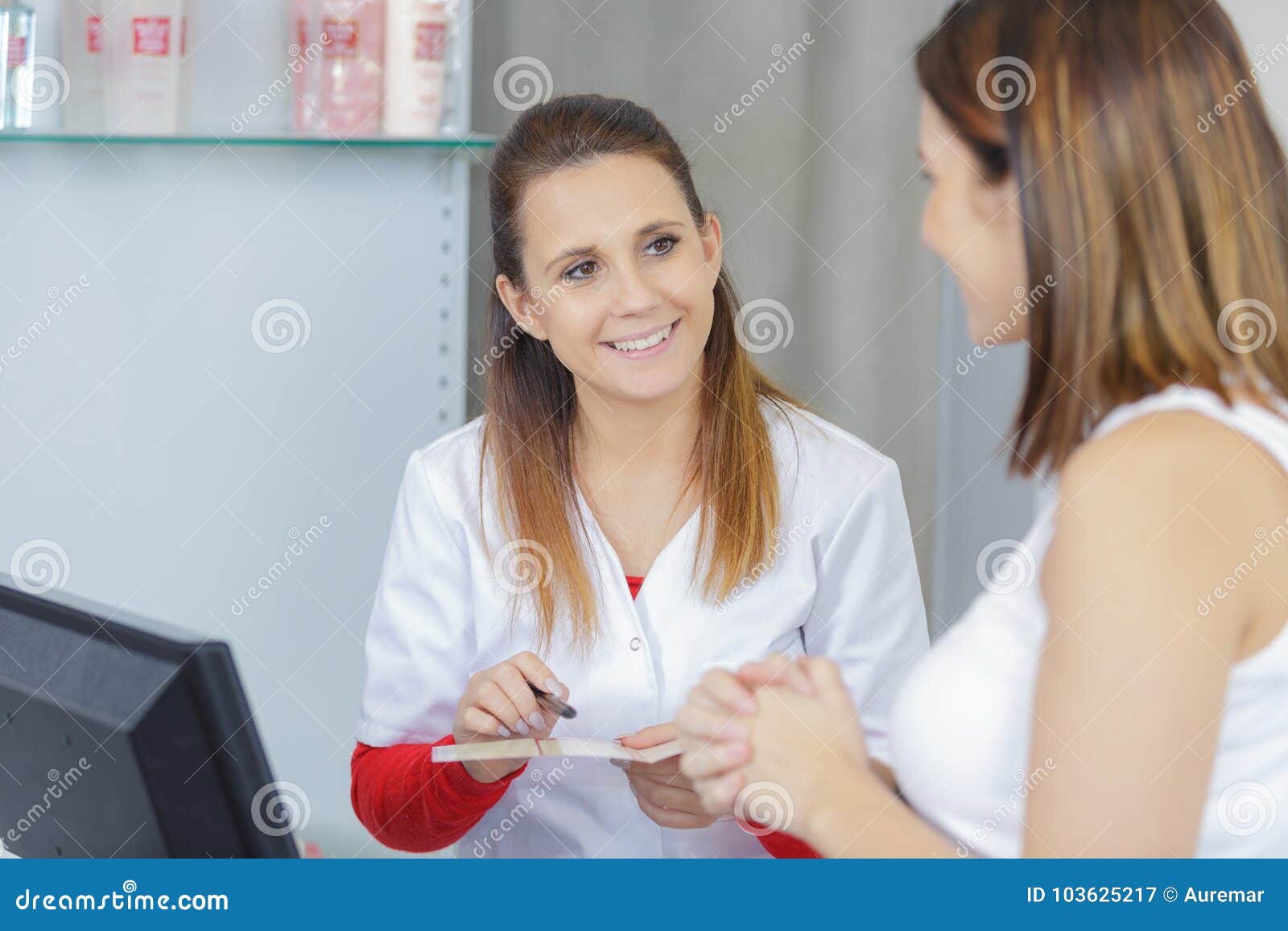 customer having inquiry in dermatology clinic