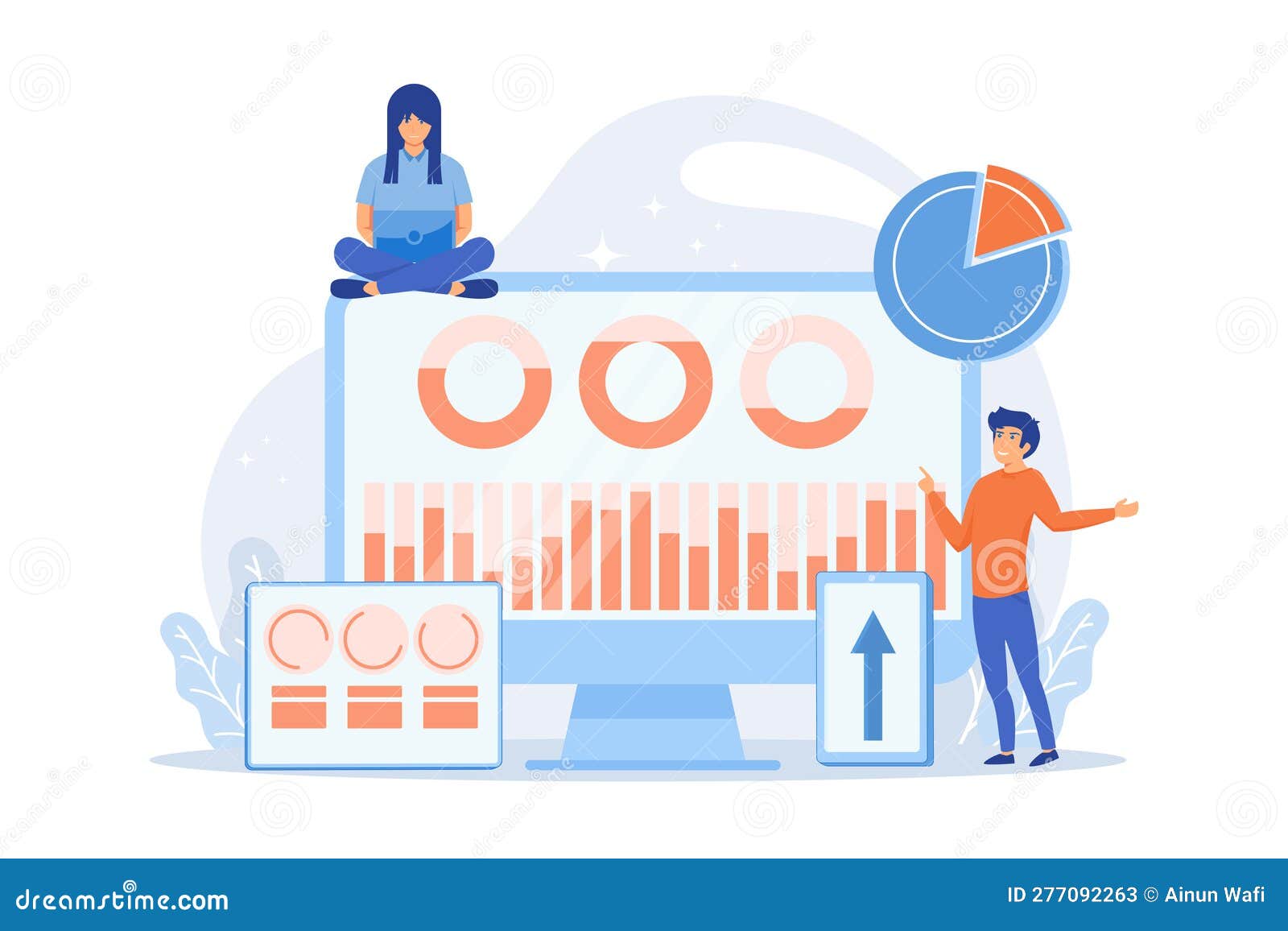 Customer Managers Working with Customers Pie Charts and Devices
