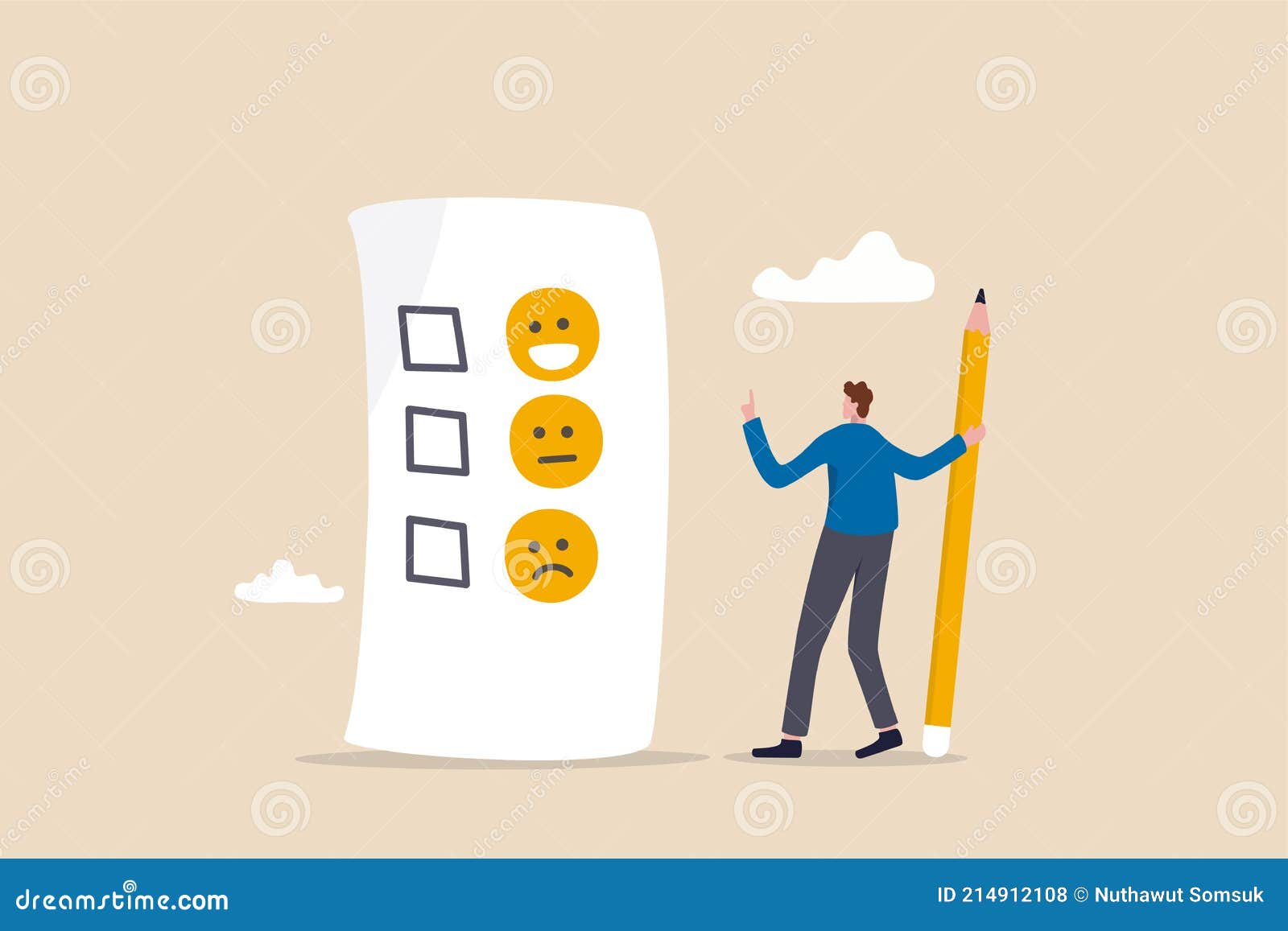 customer rating, feedback from consumer for liking product and service concept, man holding pencil thinking about experience and