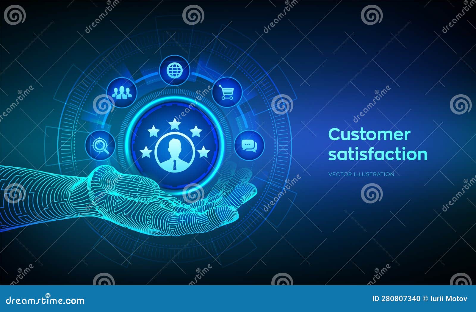 customer satisfaction icon in robotic hand. customer survey and feedback analytics concept on virutal screen. using ai and