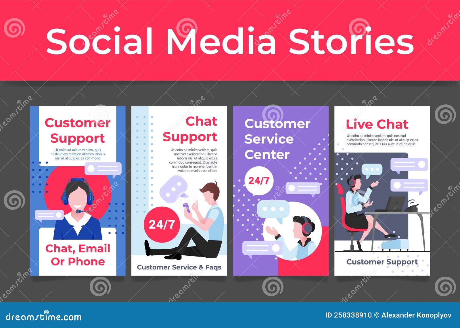 Customer Support Chat Social Media Stories Set Vector Illustration